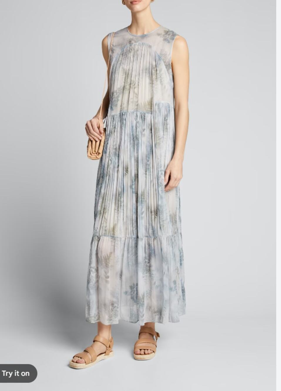 Vince Fern Botanical Shirred Silk Dress size M Maxi Blue Gray